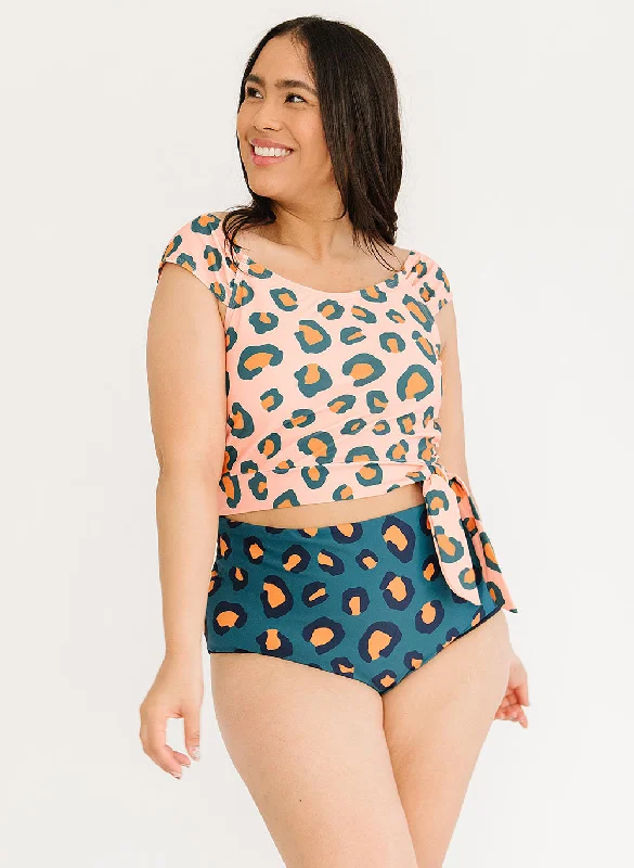 Peach Leopard Cap-Sleeve Crop Top