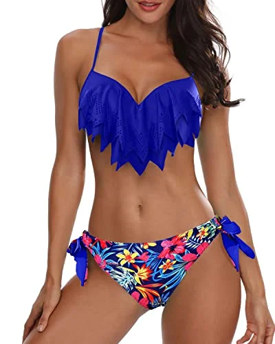 Sweetheart Neck Push Up Bikini Sets With Adjustable Spaghetti Straps-Royal Blue Floral