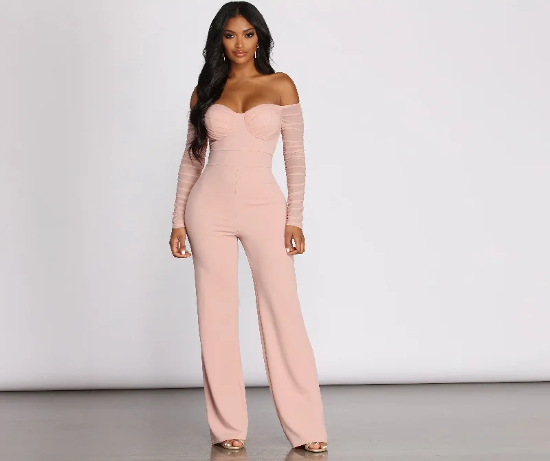 At The Ready Ruched Off Shoulder Jumpsuit