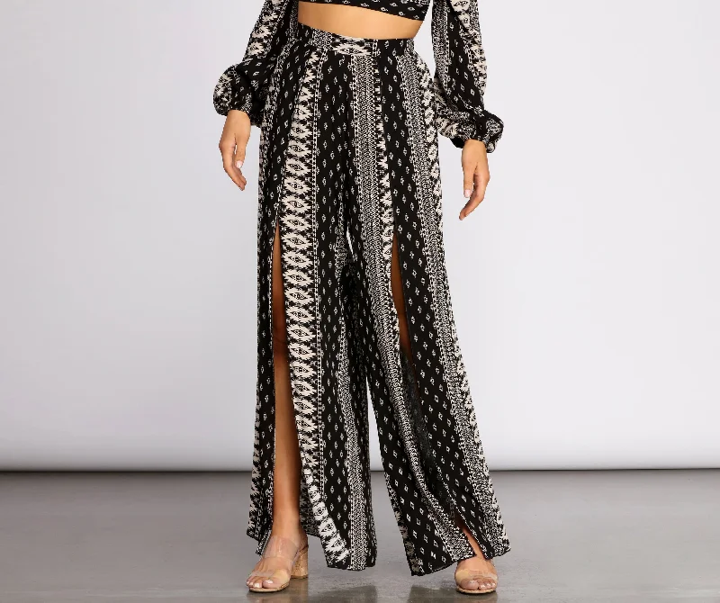 Boho Flow Front Slit Wide Leg Pants