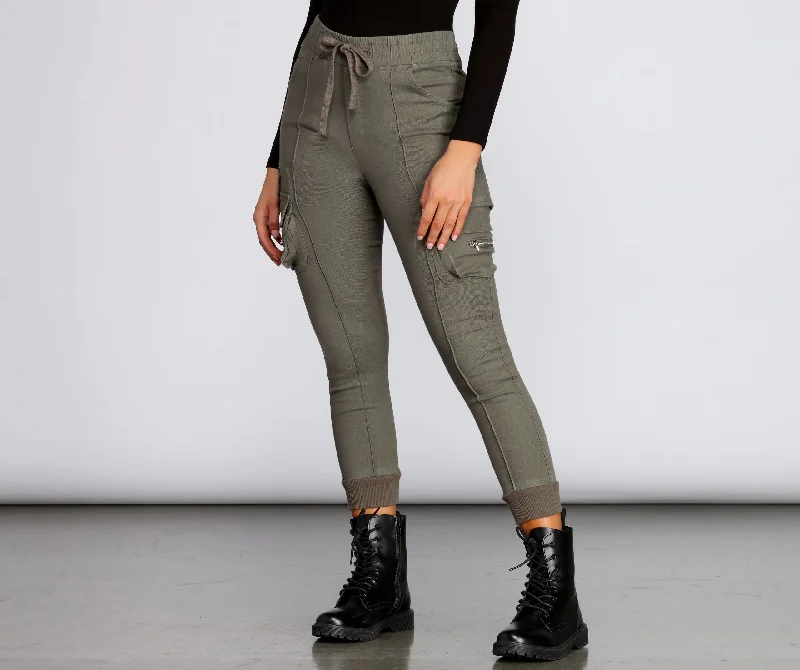 High Rise Knit Cargo Style Pants