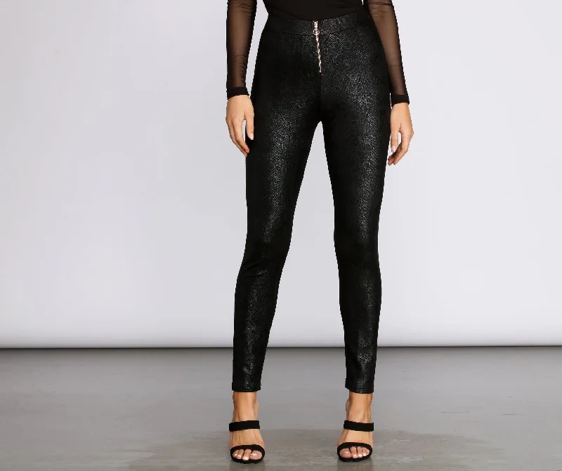 Zip Front Snake Print Coated Leggings