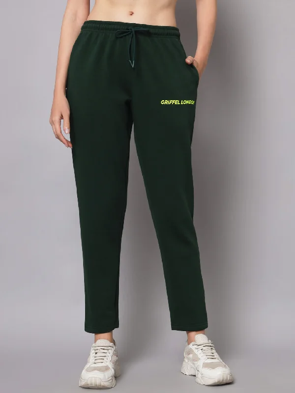 Griffel Women’s Front Logo Basic Solid Bottle Green Trackpant