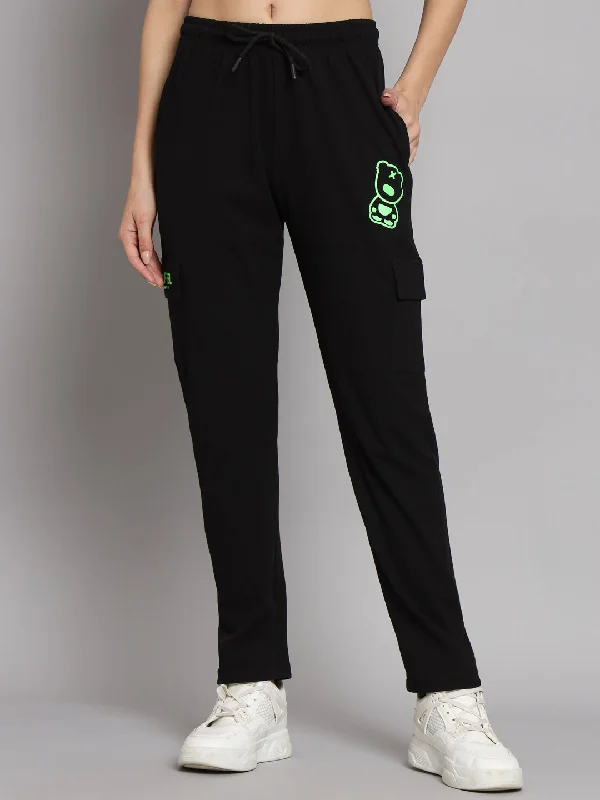 Griffel Women’s Front Teddy Logo 6 Pocket Black Cotton Matty Trackpant