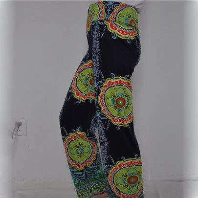 Hot Women Clothing Big Abstract Flowers Print Vintage Ladies Superelastic Trousers Wide Leg Patchwork Female Pants Bohemian K108