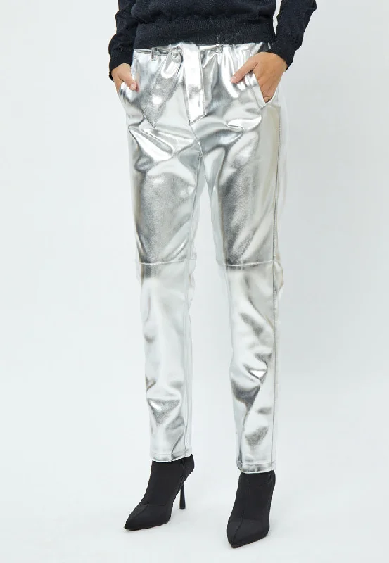 MSJayda Metallic PU Pant - Silver Metallic