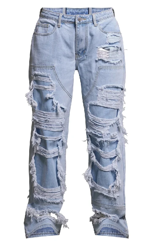 Light Blue Wash Extreme Distress Wide Leg Jeans