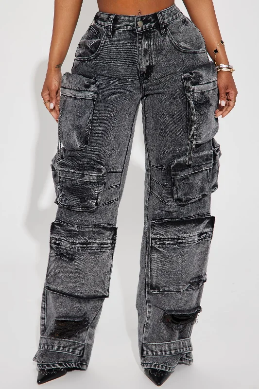 Millie Non Stretch Ripped Cargo Jeans - Acid Wash Black