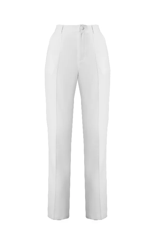 Premium White Woven Pintuck Straight Leg Trousers