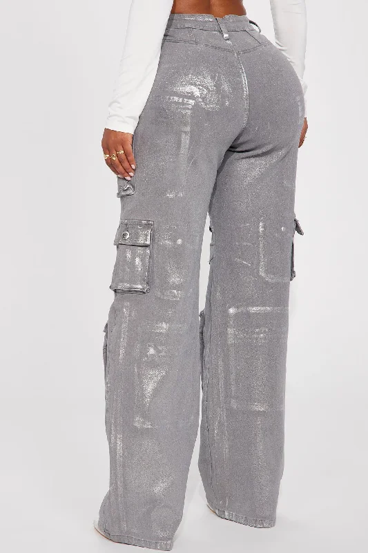 Time To Shine Foil Baggy Cargo Jeans - Silver