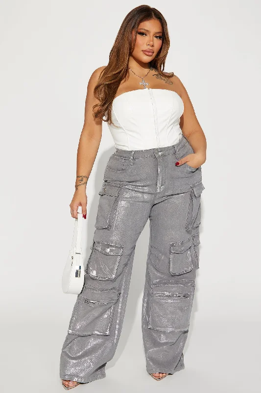 Time To Shine Foil Baggy Cargo Jeans - Silver