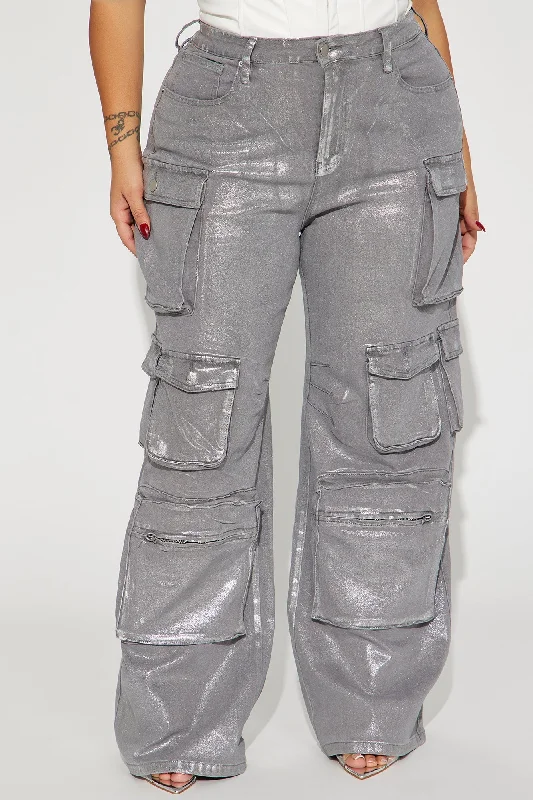 Time To Shine Foil Baggy Cargo Jeans - Silver