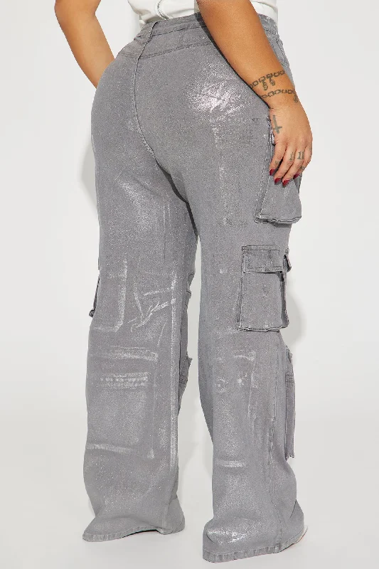 Time To Shine Foil Baggy Cargo Jeans - Silver