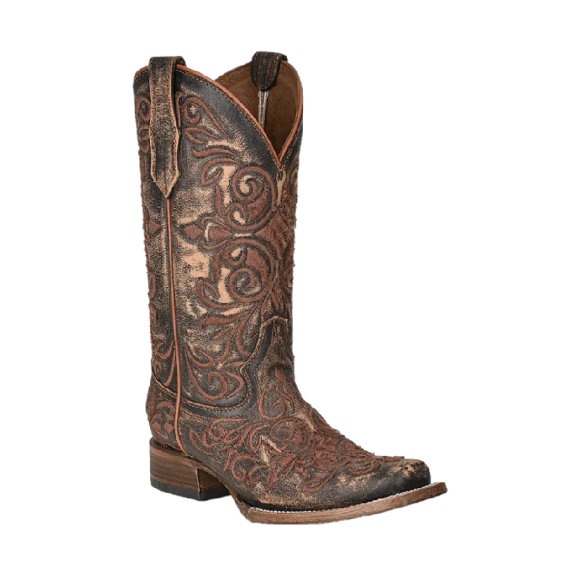 Circle G by Corral Ladies Swirl Embroidered Distressed Brown Square Toe Boots L5794