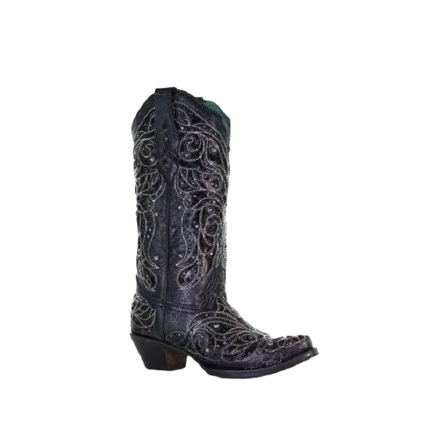 Corral Ladies Black Inlay Bone Embroidery & Studs Black Boots A4123