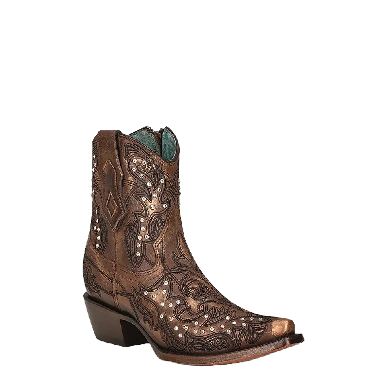 Corral Ladies Bronze Embroidery & Crystals Snip Toe Ankle Boots C3922