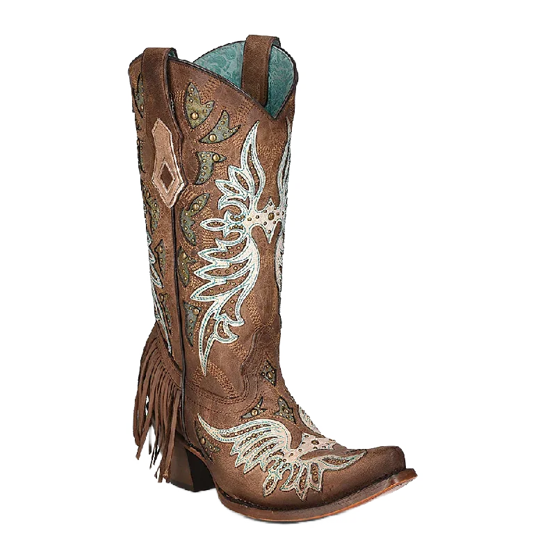 Corral Ladies Brown Orix Inlay White Overlay Studs Fringe Boots C3904