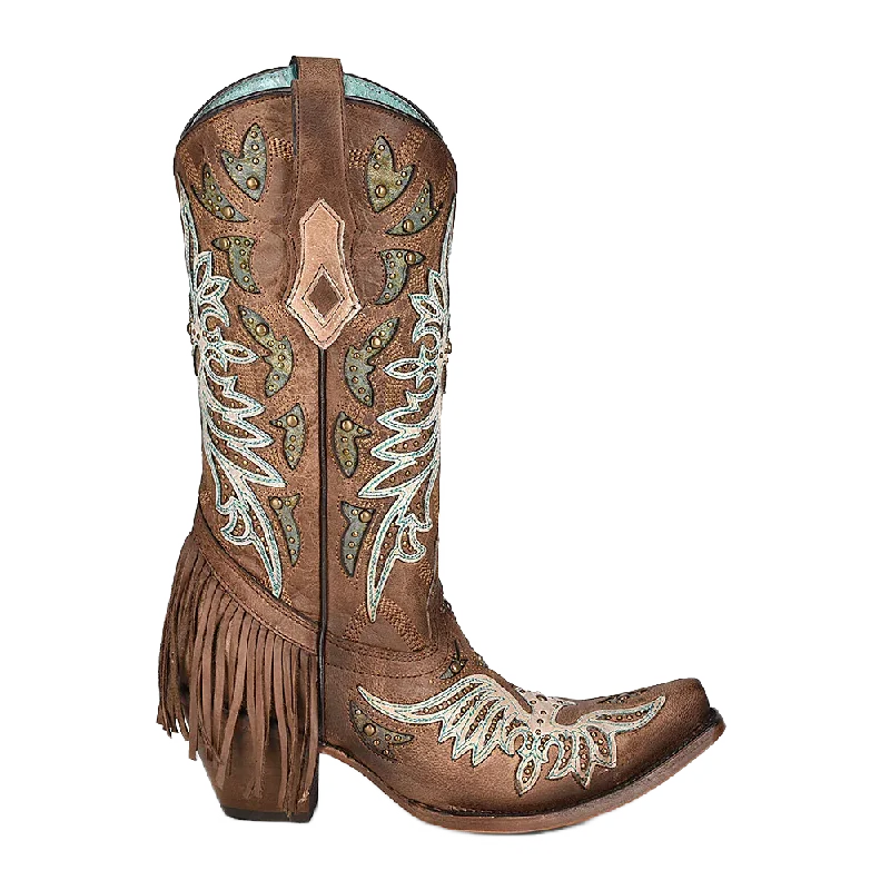 Corral Ladies Brown Orix Inlay White Overlay Studs Fringe Boots C3904