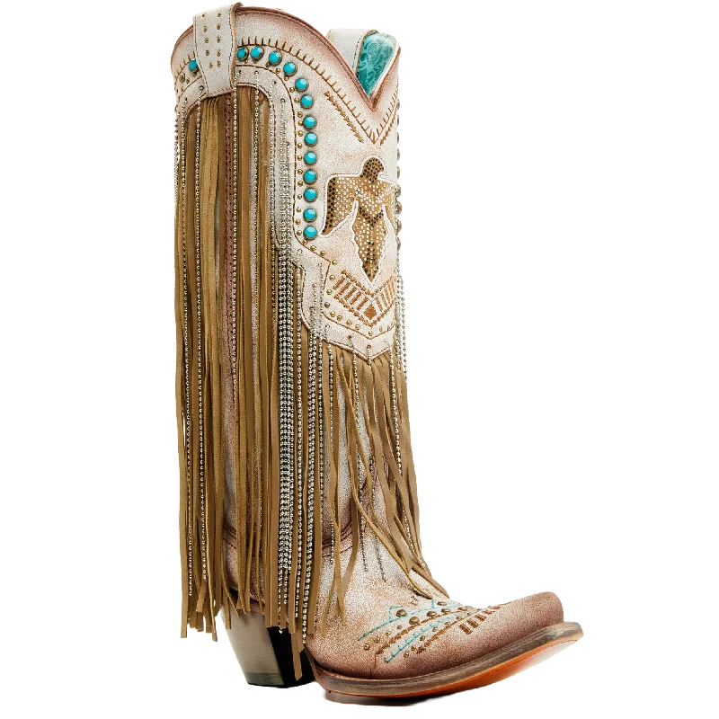 Corral Ladies Beige Crystals Eagle & Lamb Fringe Snip Toe Boots C4088