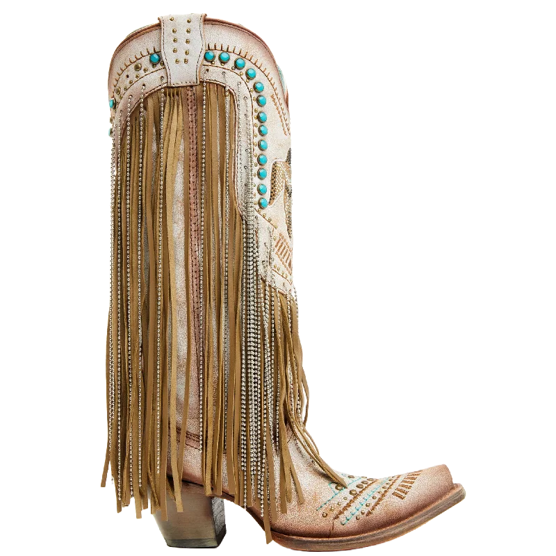 Corral Ladies Beige Crystals Eagle & Lamb Fringe Snip Toe Boots C4088