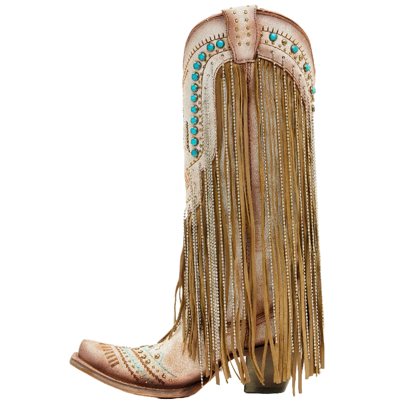 Corral Ladies Beige Crystals Eagle & Lamb Fringe Snip Toe Boots C4088