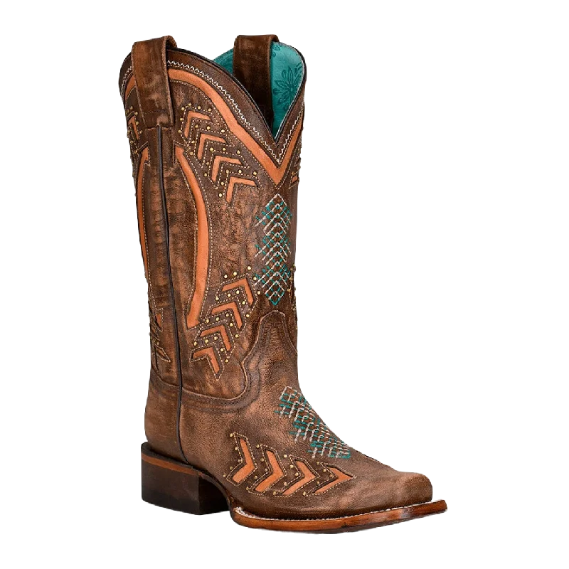 Corral Ladies Embroidery & Studs Brown Laser Square Toe Boots Z5009