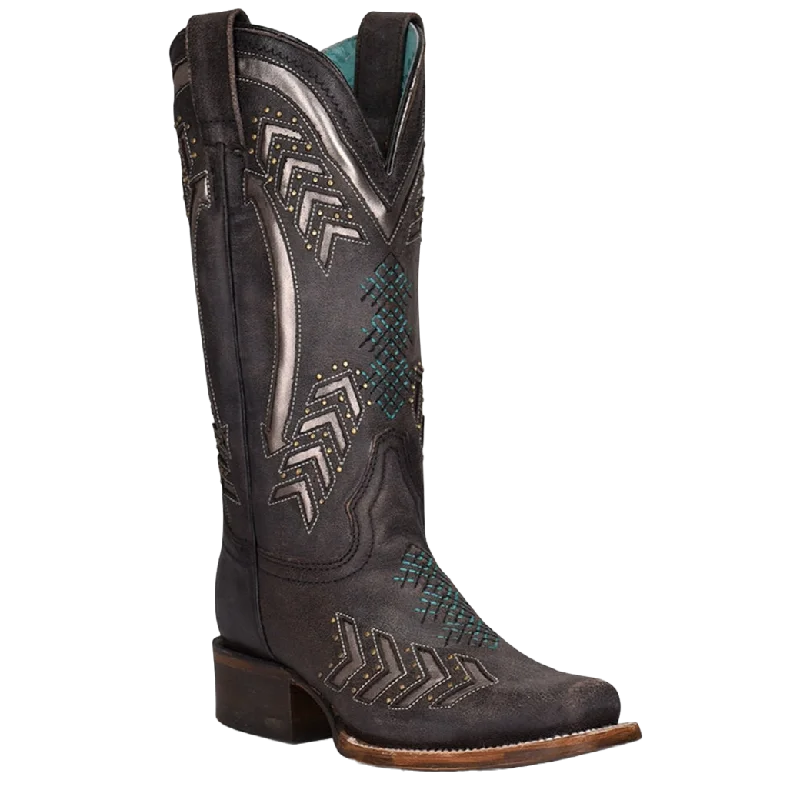 Corral Ladies Embroidery & Studs Grey Laser Square Toe Boots Z5010