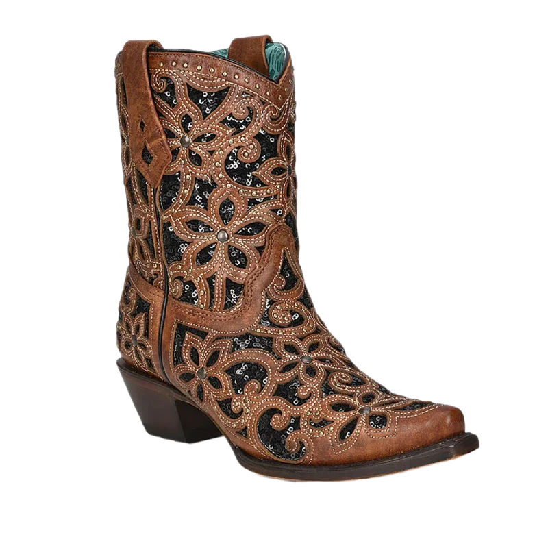 Corral Ladies Glitter Inlay and Studs Tan Ankle Boots A4278