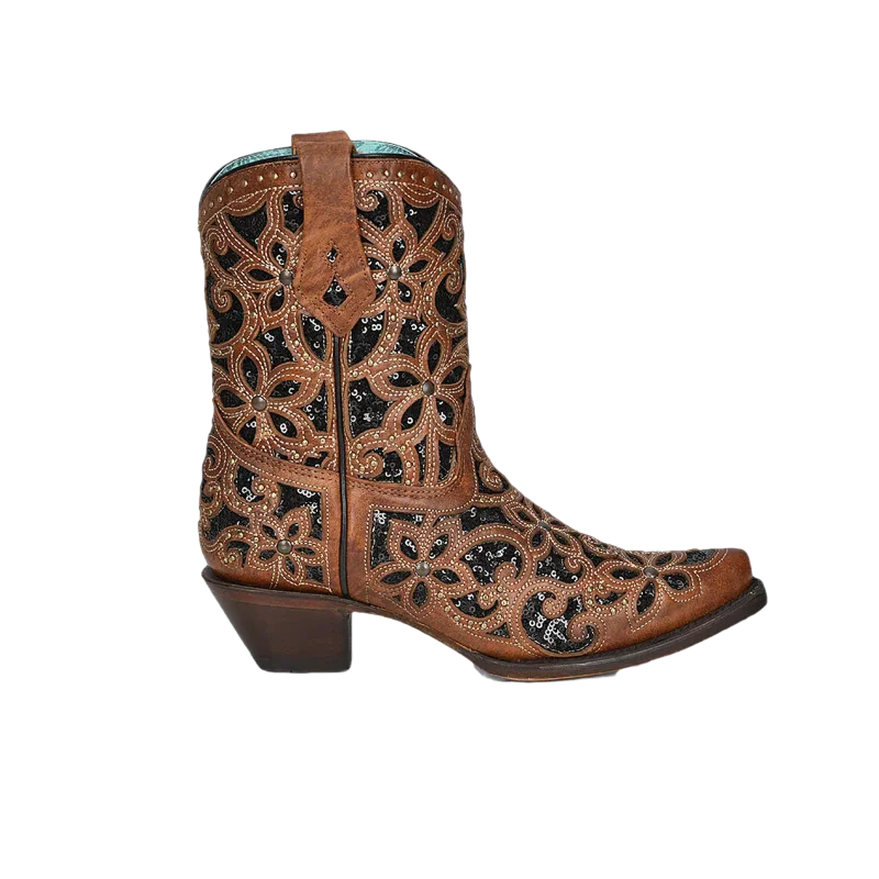 Corral Ladies Glitter Inlay and Studs Tan Ankle Boots A4278