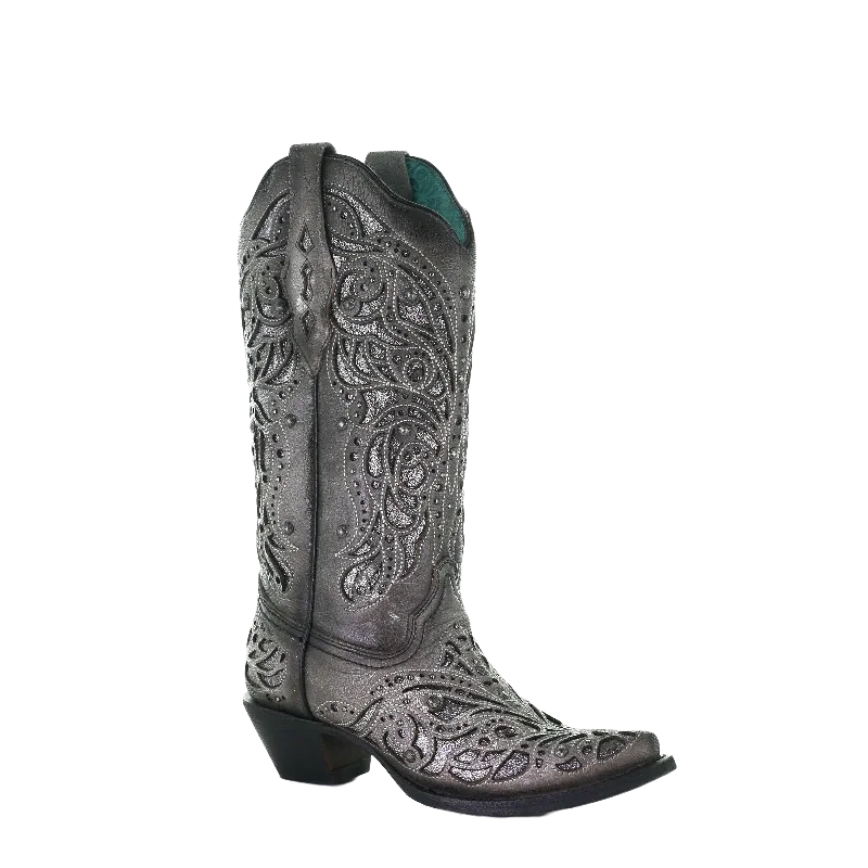 Corral Ladies Grey With Silver Inlay & Studs Embroidered Boots A3939