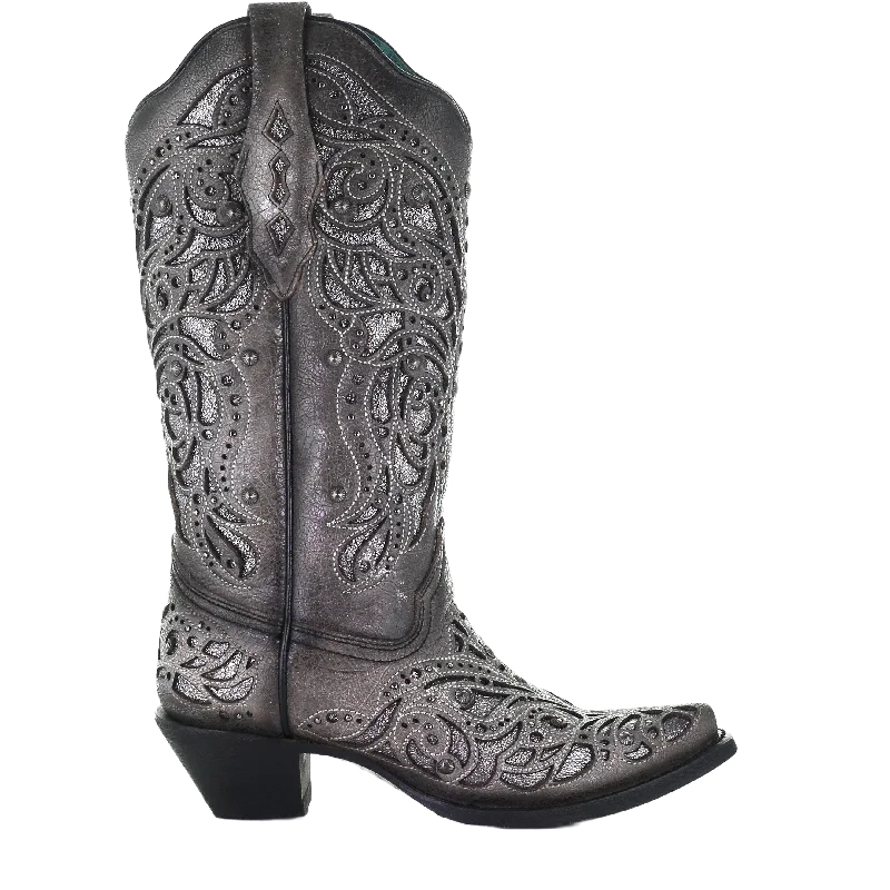 Corral Ladies Grey With Silver Inlay & Studs Embroidered Boots A3939