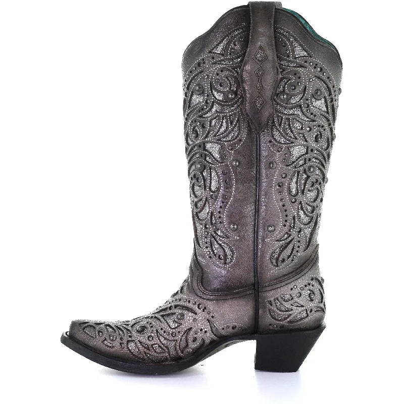 Corral Ladies Grey With Silver Inlay & Studs Embroidered Boots A3939