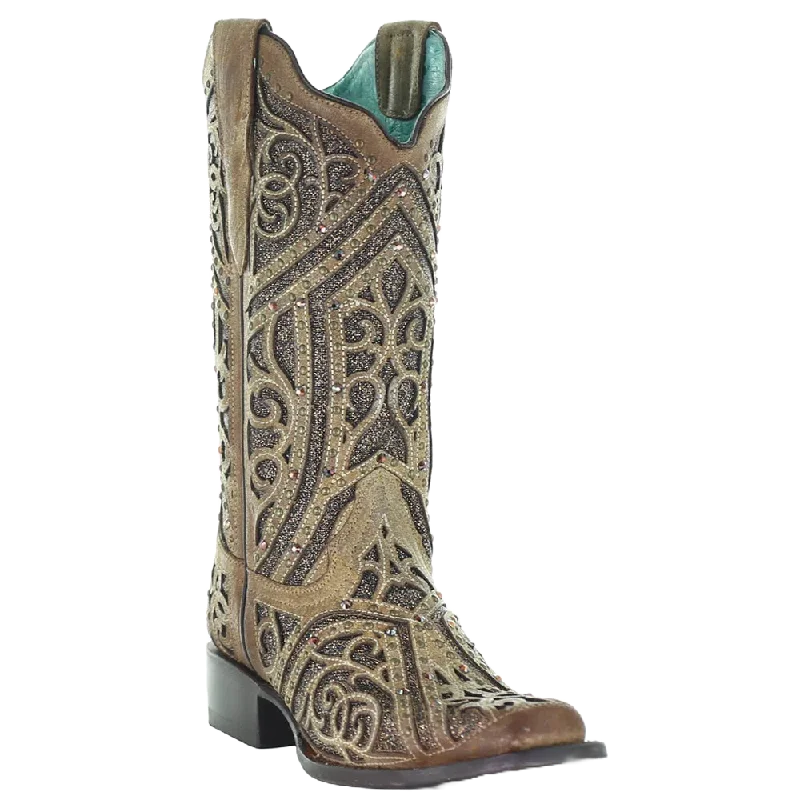 Corral Ladies Straw Brown Studded Boot w/ Bronze & Black Laser Inlay E1623