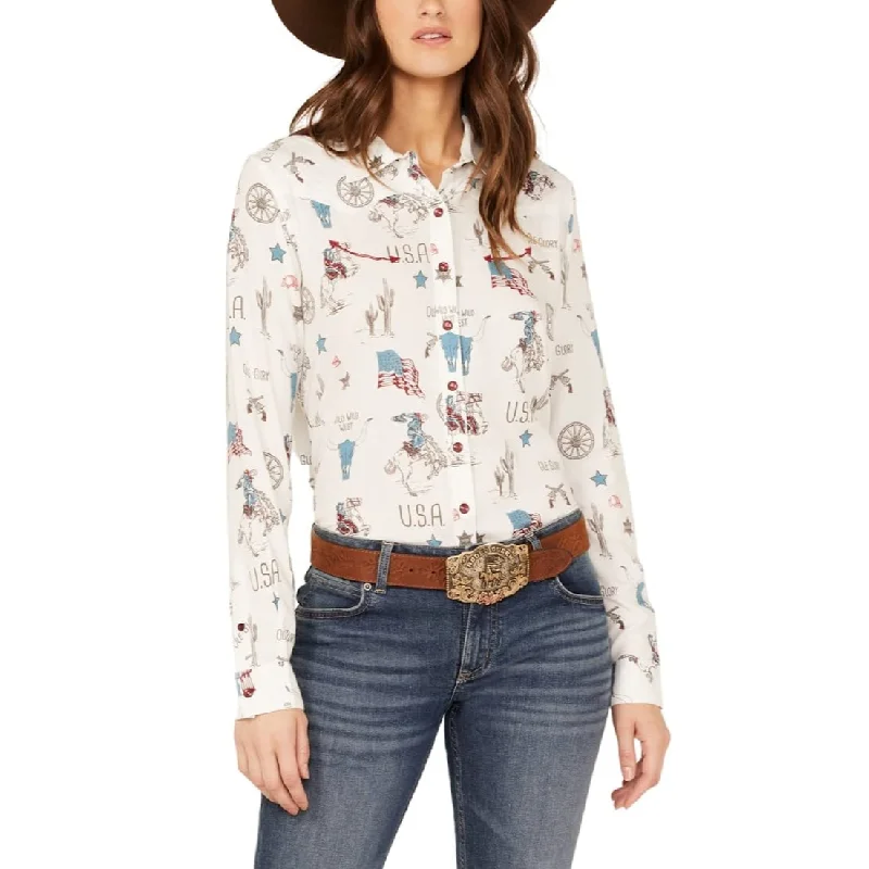 Cruel Denim Ladies Wild West Print White Long Sleeve Button Down CTW7398001