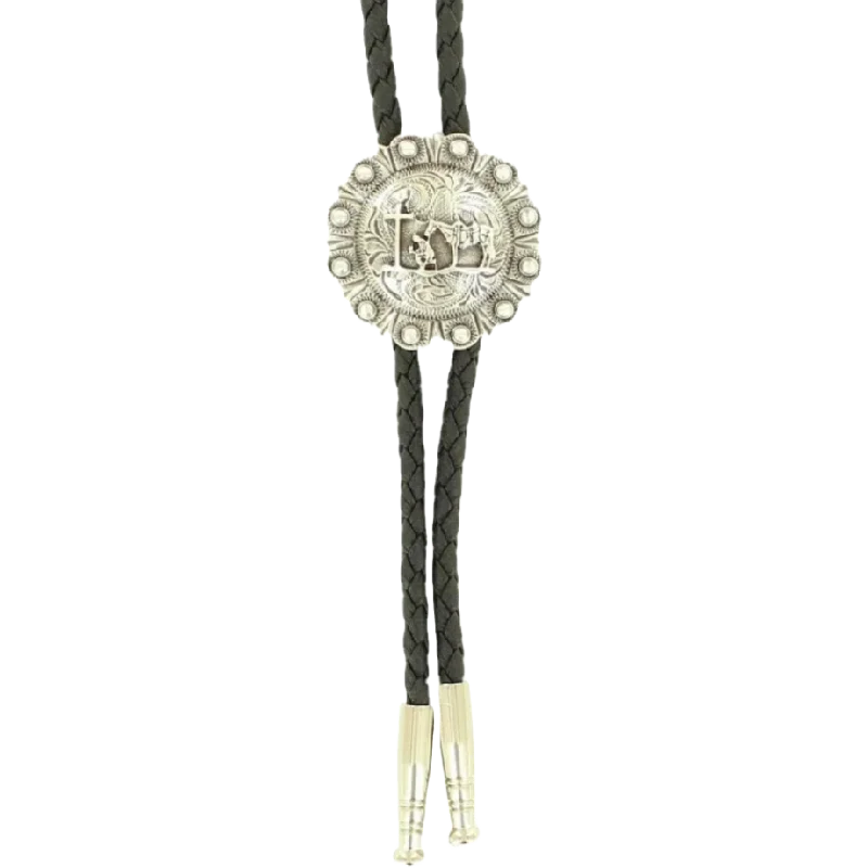 Double S Silver Engraved Praying Cross Round Bolo Tie 22844