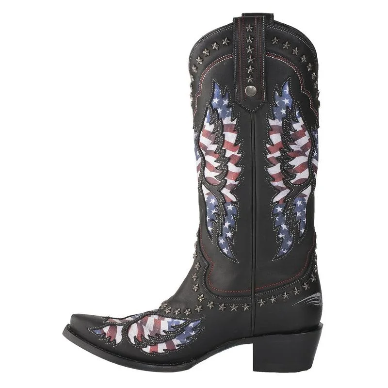 Lane Ladies Old Glory American Flag Jet Black Snip Toe Boots LB0414A