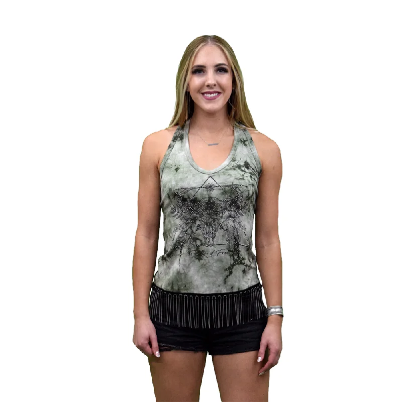 Liberty Wear Ladies Wild and Free Fringe Olive Tie Dye Tank Top 7722