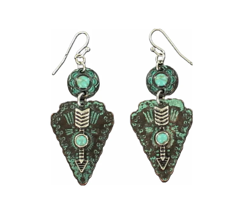 Blazin Roxx Western Patina Stone Arrowhead Turquoise Dangle Earrings 29099