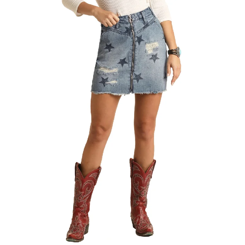 Rock & Roll Ladies Star Print Light Wash Skirt RRWD69RZTG