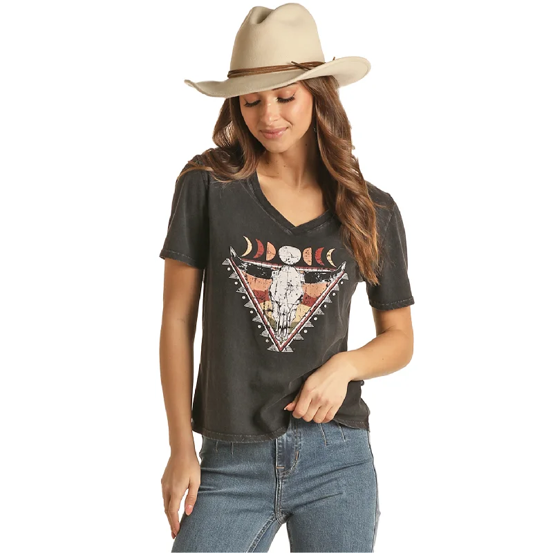 Rock & Roll® Ladies V-neck Graphic Black T-Shirt RRWT21R056-01