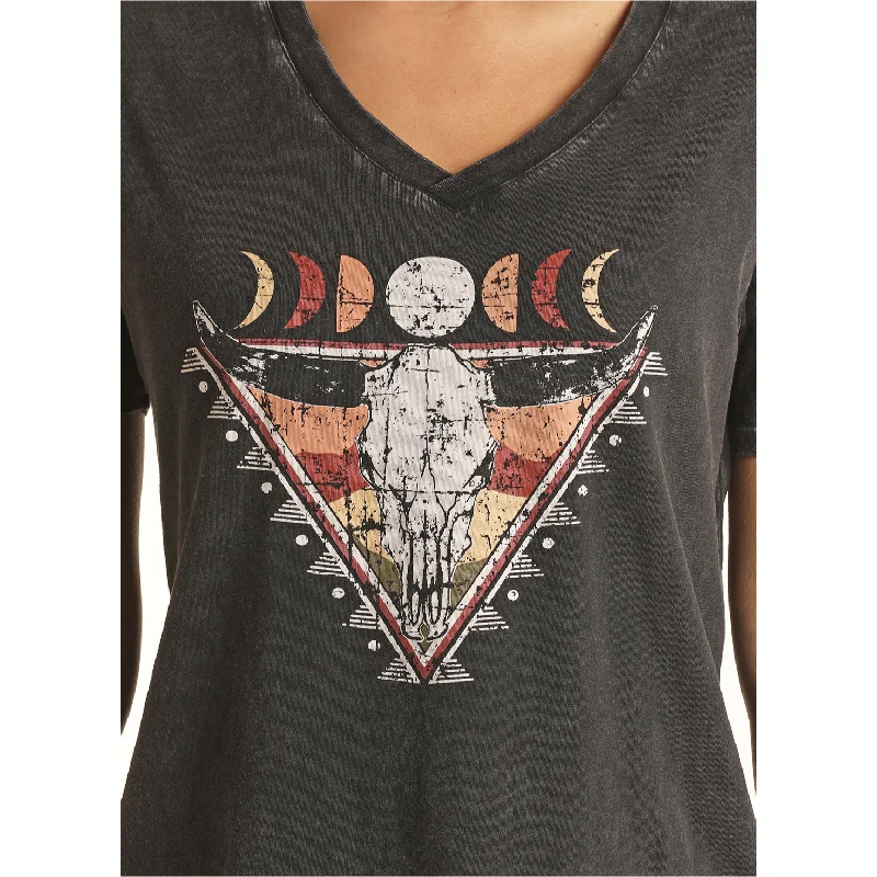 Rock & Roll® Ladies V-neck Graphic Black T-Shirt RRWT21R056-01