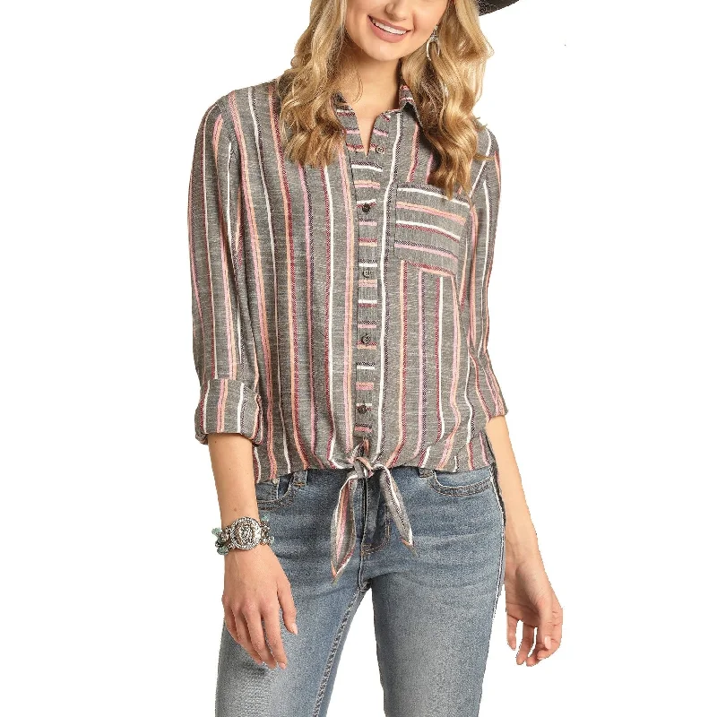 Rock & Roll Cowgirl Ladies Stripe Button Down Long Sleeve Shirt B4B4505