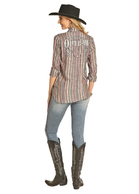 Rock & Roll Cowgirl Ladies Stripe Button Down Long Sleeve Shirt B4B4505