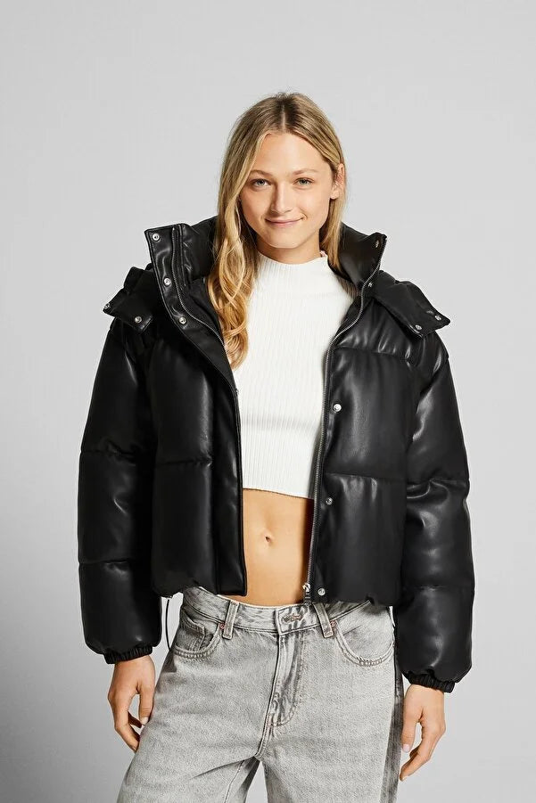 Bershka Women's Faux Leather Hooded Puffer Coat