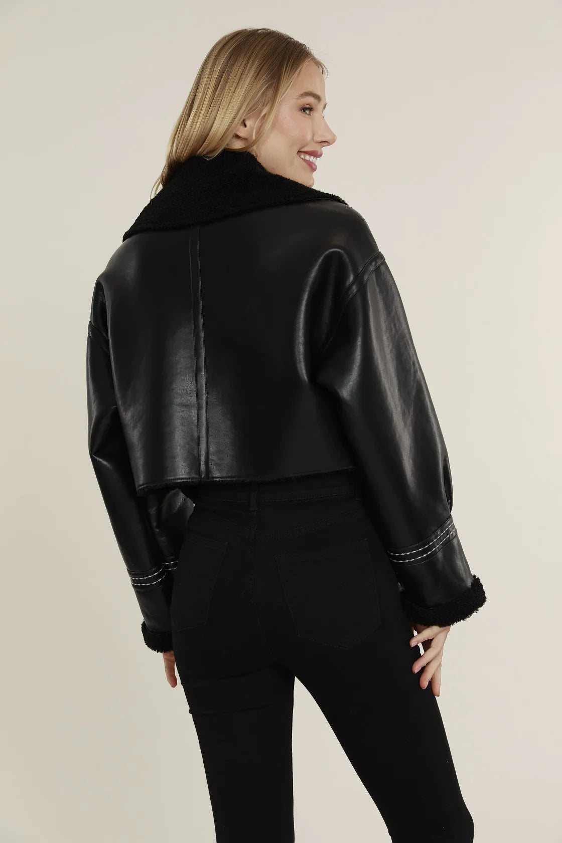 Faux Shearling Vegan Leather Zip - Black