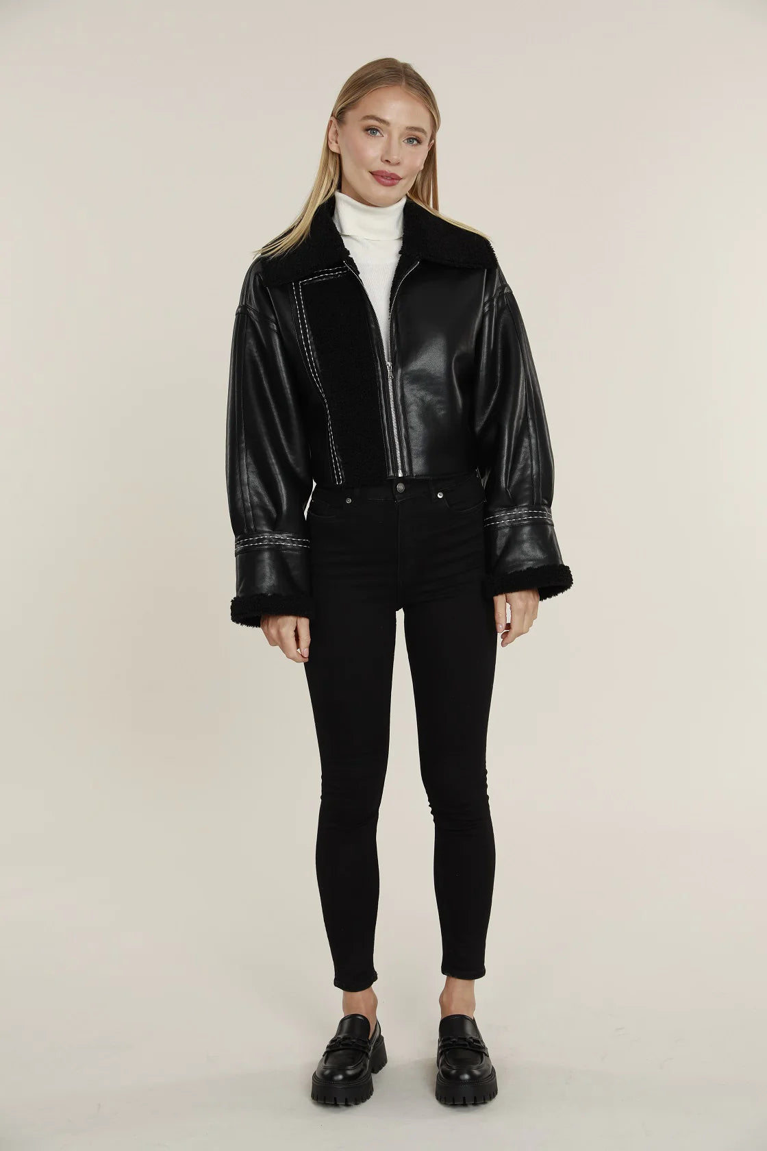 Faux Shearling Vegan Leather Zip - Black