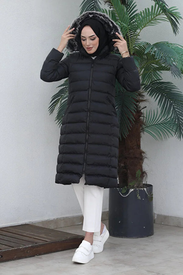 Imajbutik Women's Black Modest Hooded Zippered Hijab Puffer Coat