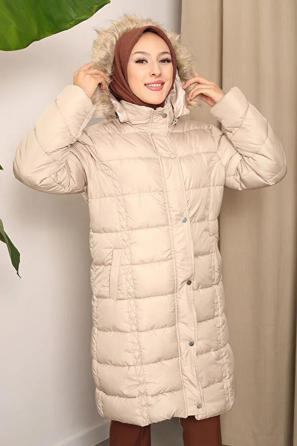 Imajbutik Womem's Beige Hooded Puffer Coat