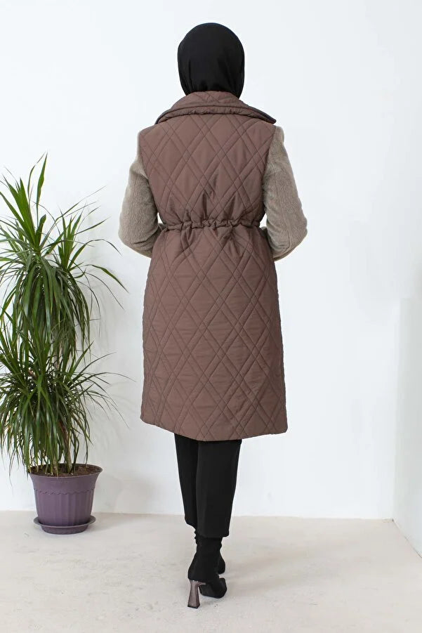 Imajbutik Women's Brown Double Breasted Collar Quilted Coat