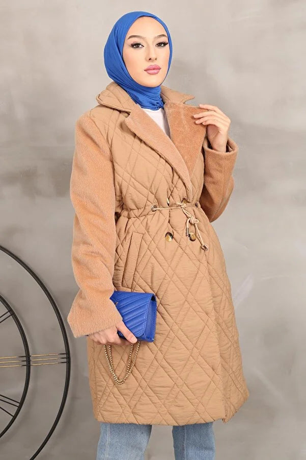 Imajbutik Women's Dark Camel Double Breasted Collar Quilted Coat